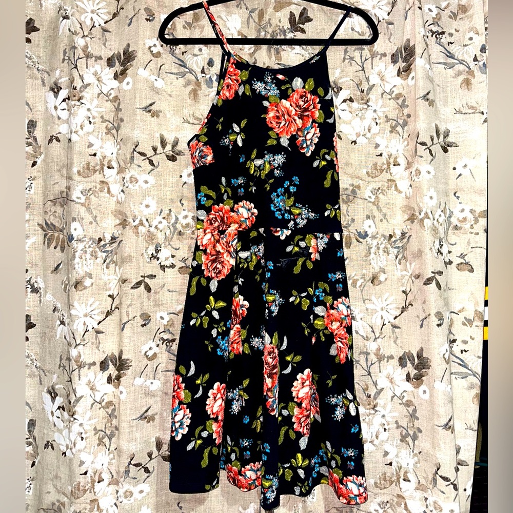 Soprano Navy Blue Floral Dress, Size Large